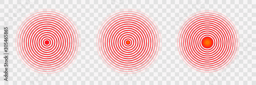 Pain concentration icons. Red and transparent circles showing the epicenter of pain. Pain in muscles, legs, head, body.