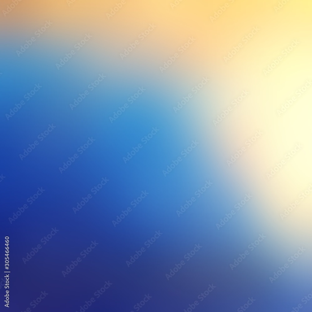 Yellow glow on blue empty background. Plain blurred texture. Defocused abstract illustration.