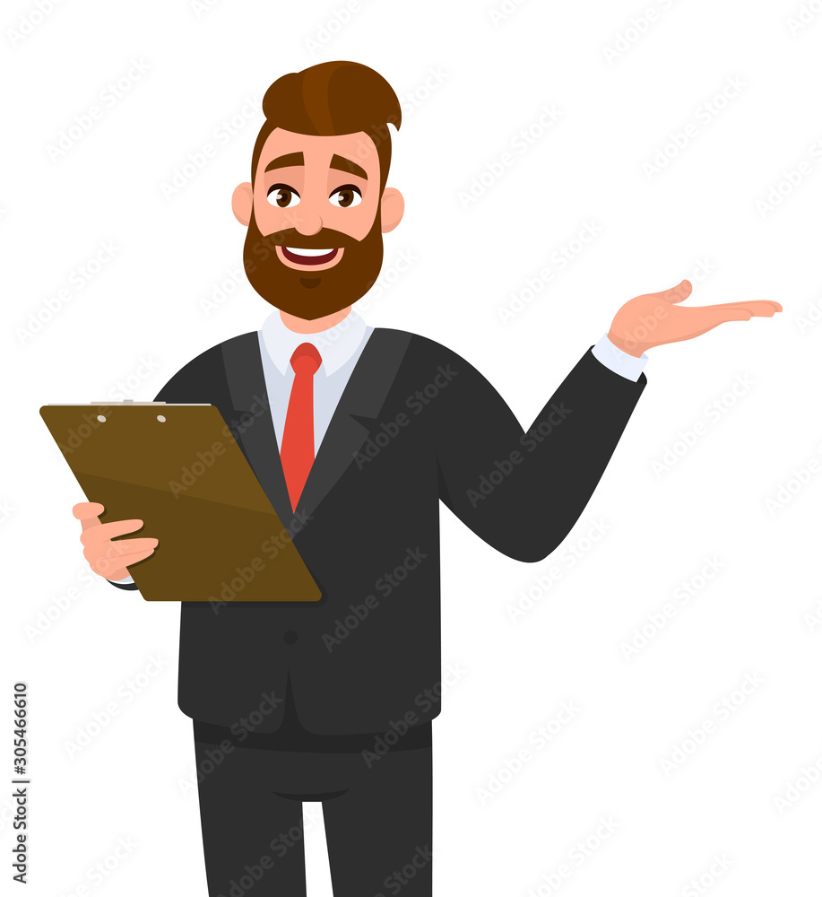 Young businessman wearing a suit holding clipboard and showing or presenting something hand to copy space side away. Person keeping the file pad in hand. Male character design illustration.