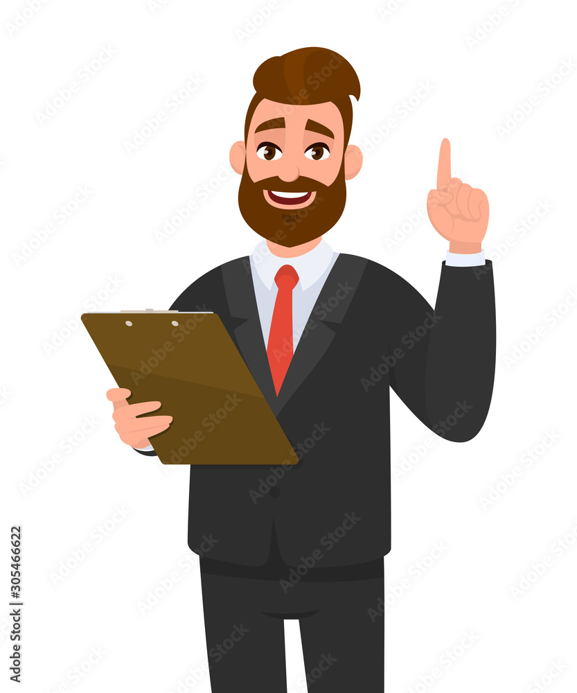 Young business man wearing a suit holding clipboard and pointing index finger up. Person keeping the file pad in hand. Male character design illustration. Modern lifestyle concept in vector cartoon. Young business man wearing a suit holding clipboard and pointing index finger up. Person keeping the file pad in hand. Male character design illustration. Modern lifestyle concept in vector cartoon.