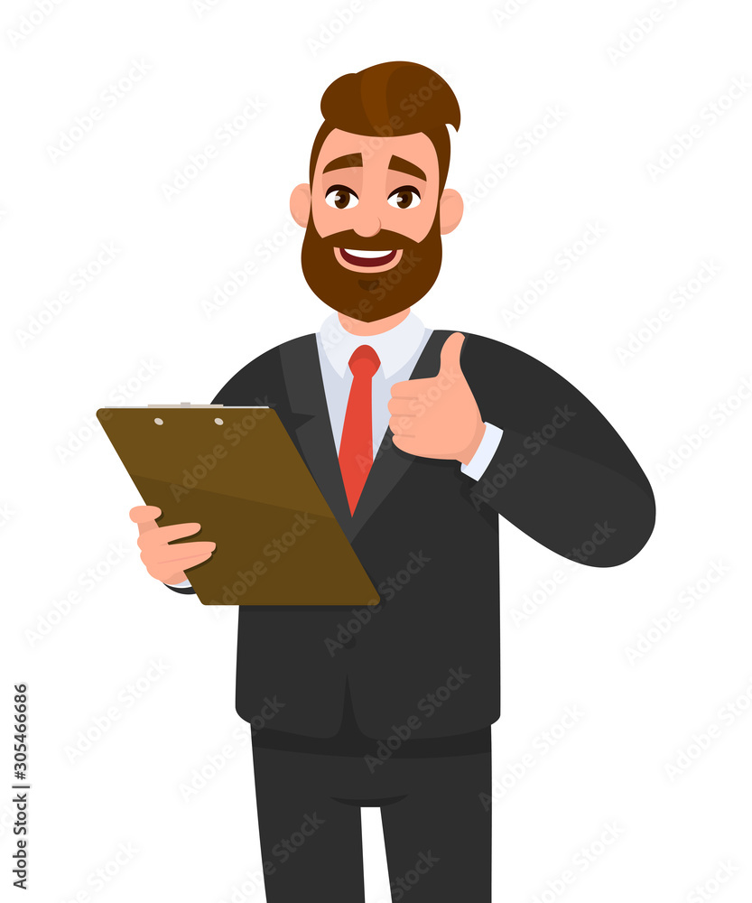 Happy young business man wearing a suit holding clipboard and making or showing thumbs up gesture or sign. Person keeping the file pad in hand. Male character design illustration. Modern lifestyle. Happy young business man wearing a suit holding clipboard and making or showing thumbs up gesture or sign. Person keeping the file pad in hand. Male character design illustration. Modern lifestyle.