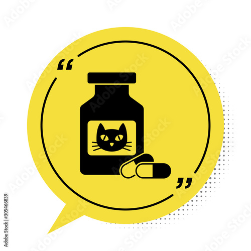 Black Cat medicine bottle and pills icon isolated on white background. Container with pills. Prescription medicine for animal. Yellow speech bubble symbol. Vector Illustration