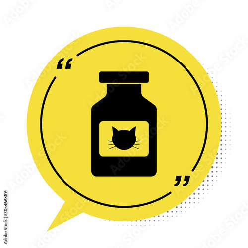 Black Cat medicine bottle icon isolated on white background. Container with pills. Prescription medicine for animal. Yellow speech bubble symbol. Vector Illustration