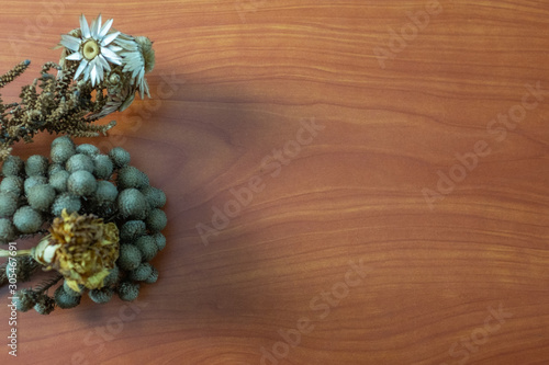 Dried flowers of soft color on wood texture