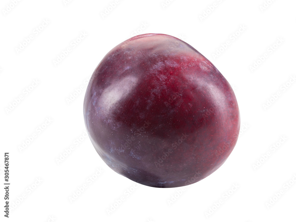 Smooth-skinned, mellow, purple plum fruit isolated on white background with copy space for text or images. Side view. Close-up shot. Smooth-skinned, mellow, purple plum fruit isolated on white background with copy space for text or images. Side view. Close-up shot.
