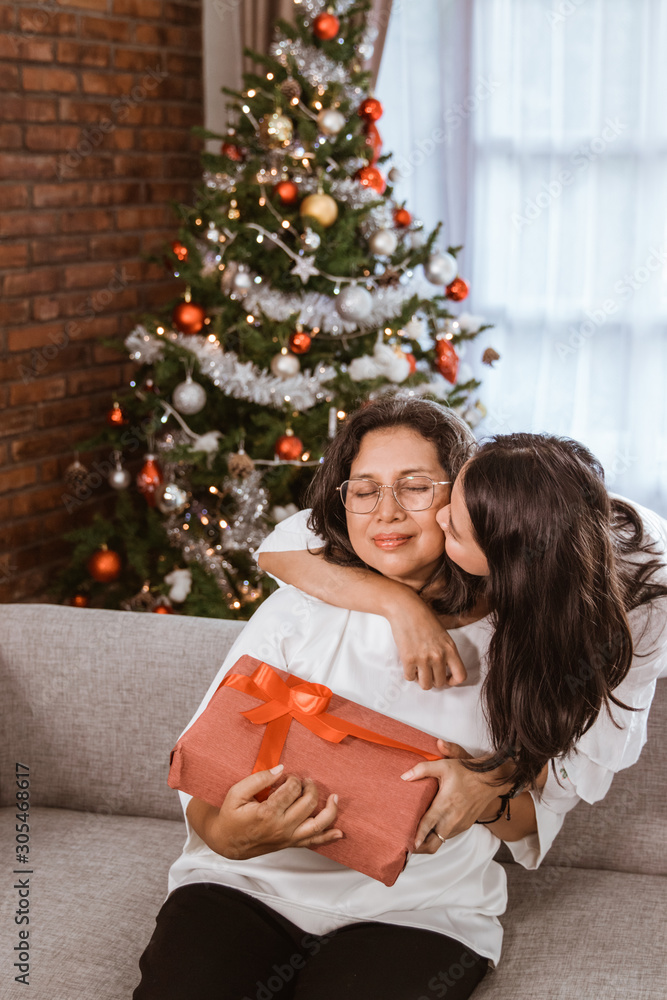 daughter kiss mother on cheek during christmas after giving gift daughter kiss mother on cheek during christmas after giving gift