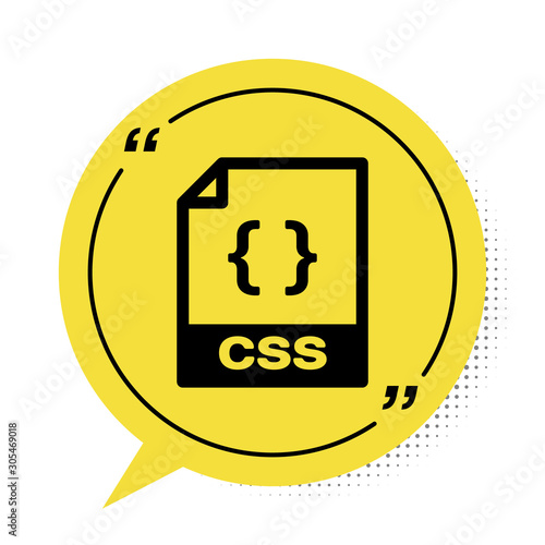 Black CSS file document. Download css button icon isolated on white background. CSS file symbol. Yellow speech bubble symbol. Vector Illustration