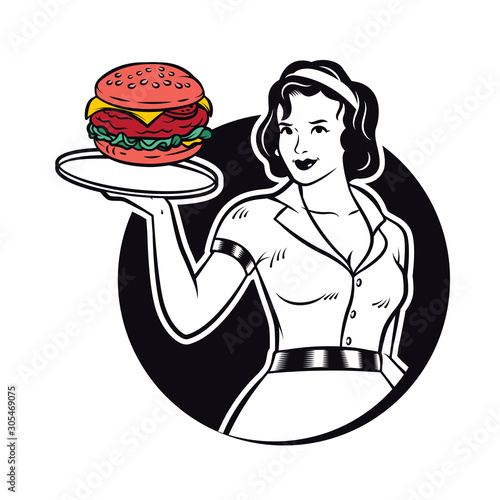 Retro Waitress Serving Burger Clipart Illustration. Diner Waitress