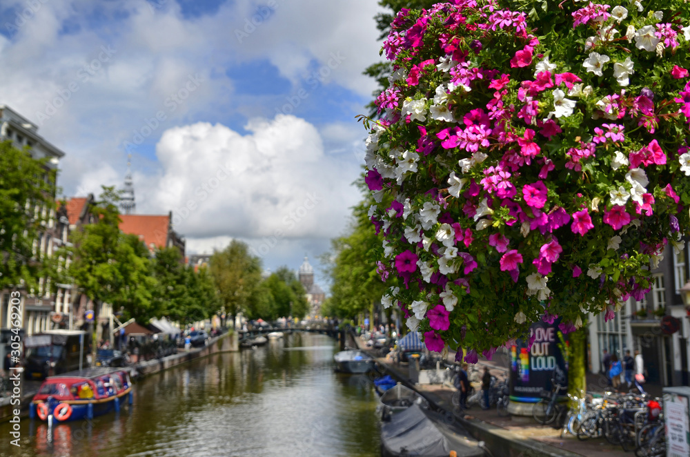 Amsterdam, Holland. August 2019. Enchanting view of one of the canals of the historic center from a bridge. The brightly colored flowers frame the amazing view.