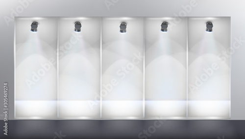 Shop window. Place for the exhibition. Illuminated shelves in the showroom. White background. Vector illustration.
