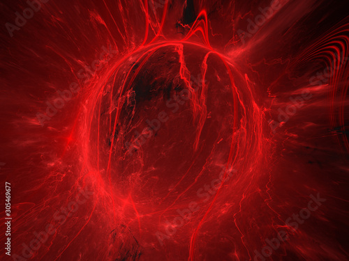 Abstract Spherical Shape 3D Illustration - Colorful gradients of light warped into the shape of a sphere. Brilliant glowing lights, red electricity, lightning concept