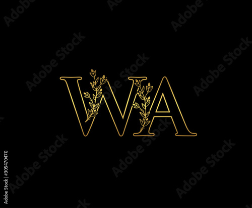 Golden letter W, A and WA Vintage Gold Floral Logo Icon