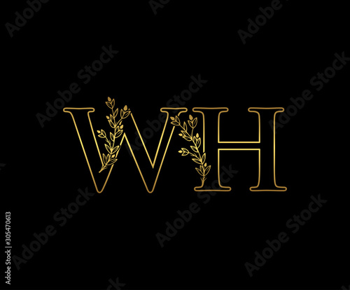 Golden letter W  H and WH Vintage Gold Floral Logo Icon