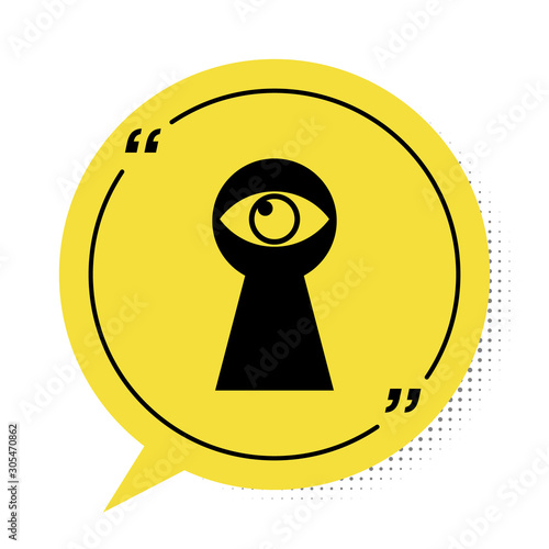 Black Keyhole with eye icon isolated on white background. The eye looks into the keyhole. Keyhole eye hole. Yellow speech bubble symbol. Vector Illustration