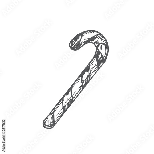 Hand Drawn Christmas Candy Cane Vector Illustration. Abstract Rustic Sketch. Winter Holiday Engraving Style Drawing.