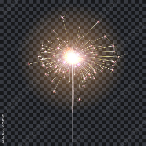 Sparkler or bengal fire lighting element festive decoration. Magic firework for holiday and birthday. Isolated on transparent background. Vector stock illustration