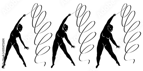 Collection. Silhouette of a cute lady, she is engaged in rhythmic gymnastics with a ribbon. The woman is overweight. Slender girl athlete. Vector illustration set