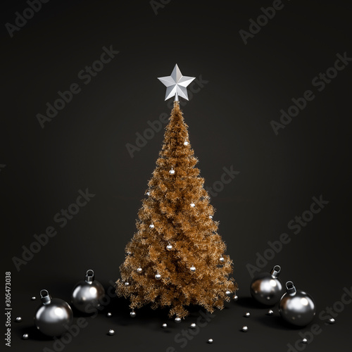 Gold christmas tree and metallic decoration object group on black background 3d rendering. 3d illustration celebration christmas and new year sale concept.