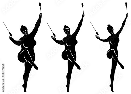 Collection. Silhouette of a cute lady, she does rhythmic gymnastics with clubs. The woman is overweight. Slender girl athlete. Vector illustration set