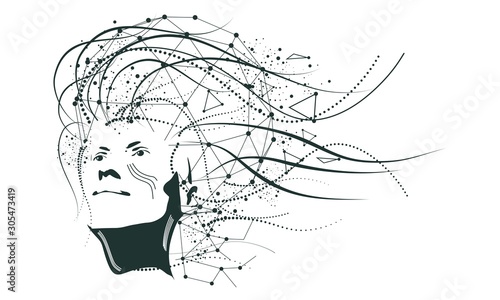 Face front view. Elegant silhouette of a female head. Portrait of a woman with decorative elements. Connected lines with dots.