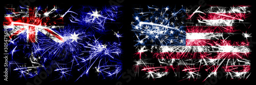 Australia, Ozzie vs United States of America, American, USA New Year celebration sparkling fireworks flags concept background. Combination of two abstract states flags. © Vlad