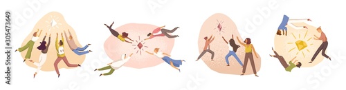 Teamwork, target aspiration vector illustrations set. Team, cooperation and competition, striving for goal concept. Company staff, colleagues, people reaching for crystal cartoon characters.