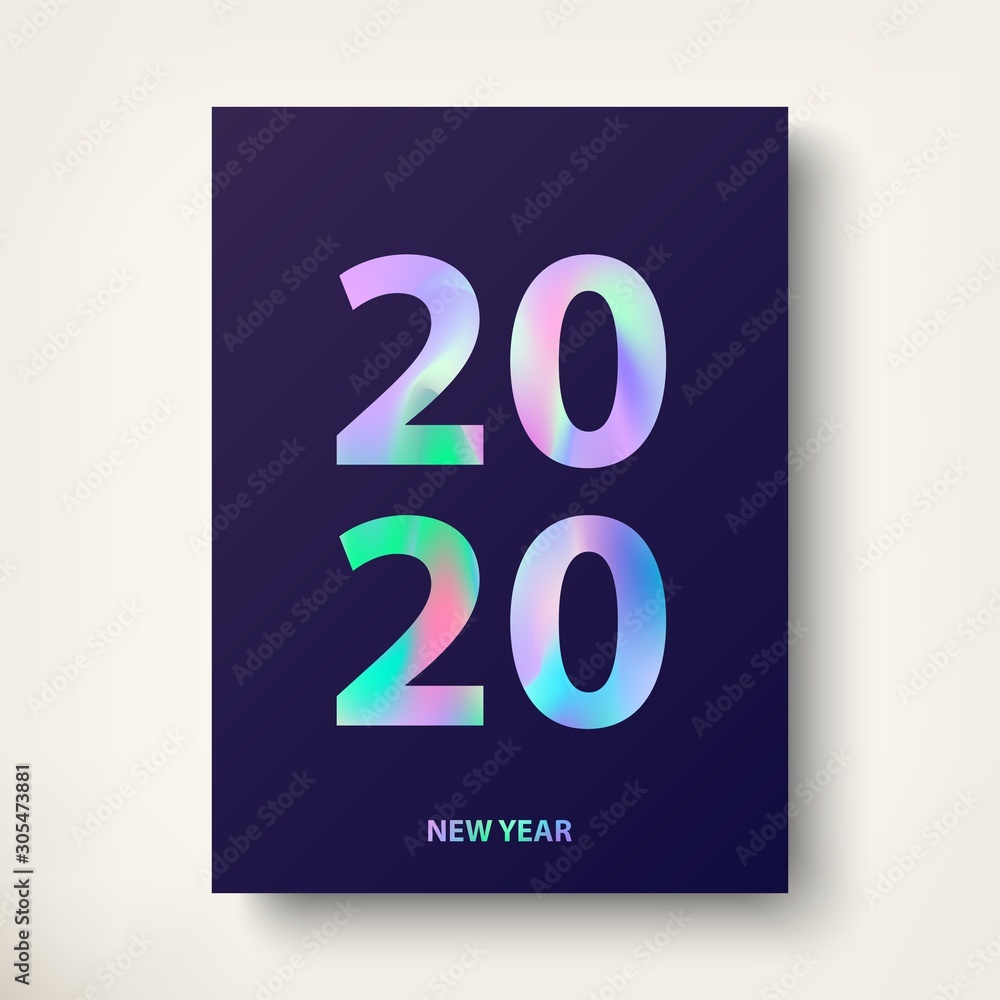2020, New Year card. Modern cover design with trendy Holographic effect text. Modern holographic covers design in stylish 80's. Greeting card with inscription Happy New Year 2020. Vector illustration 2020, New Year card. Modern cover design with trendy Holographic effect text. Modern holographic covers design in stylish 80's. Greeting card with inscription Happy New Year 2020. Vector illustration