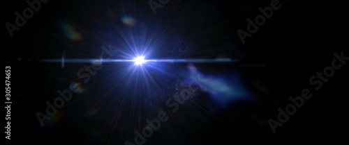 intense blue lens flare effect overlay texture with bokeh effect and anamorphic light streak in front of a black background, cinematic format photo