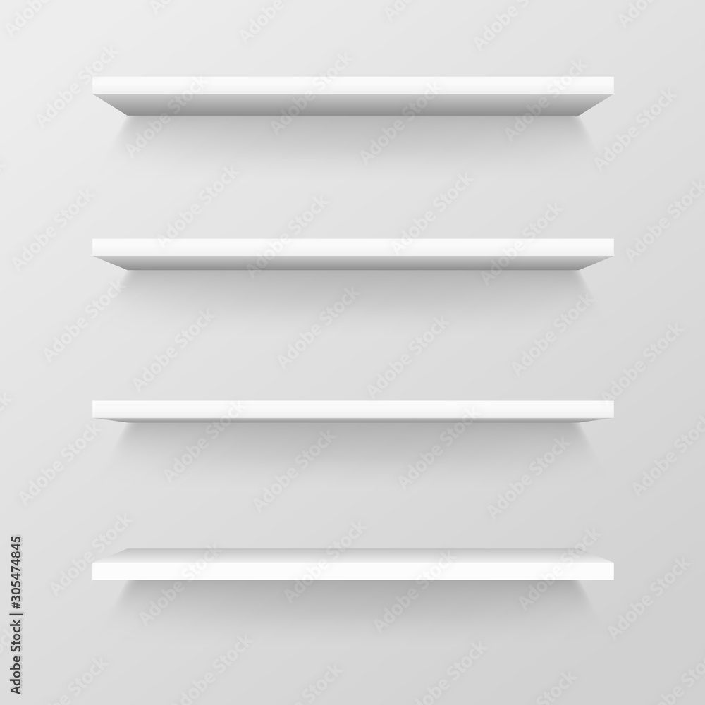 Empty store shelves, blank retail showcase, supermarket shelf template Empty store shelves, blank retail showcase, supermarket shelf template