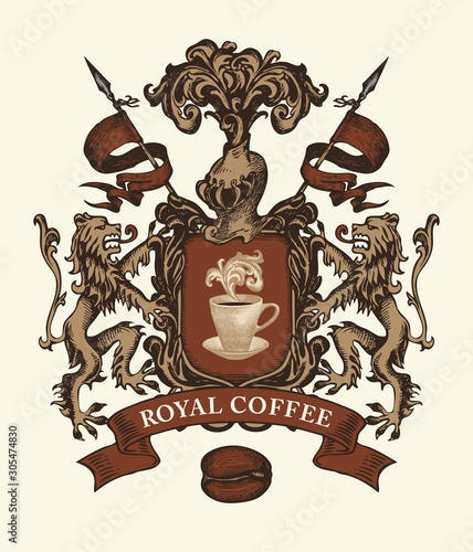Vector banner on the theme of coffee house in form of hand-drawn medieval coat of arms. Coffee emblem in retro style with cup, coffee bean, shield, knight helmet, lions, spears , words Royal coffee