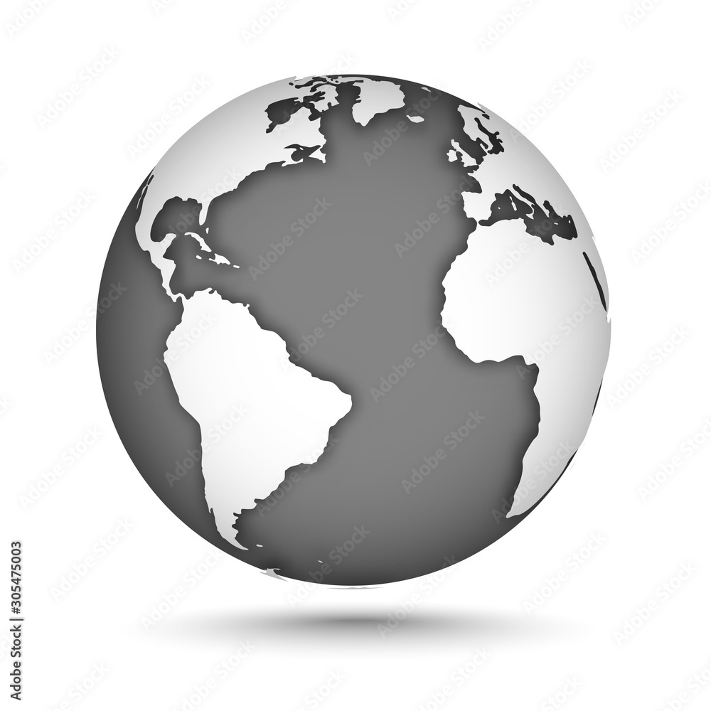 Globe icon gray on white with smooth vector shadows and map of the continents of the world. Vector illustration