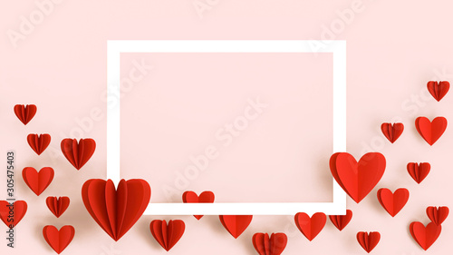 Valentines Day background, beautiful greeting card with white frame, space for text. Red heart in paper cut technique flying over bright pink background, romantic wedding, anniversary background, love