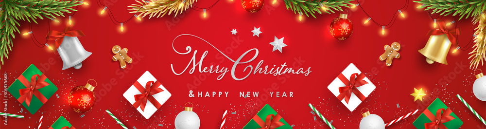 Merry Christmas and Happy New Year.Happy New Year design with realistic festive objects, light hanging, garland, green and white gift boxes, ball bauble.Horizontal banner design. Merry Christmas and Happy New Year.Happy New Year design with realistic festive objects, light hanging, garland, green and white gift boxes, ball bauble.Horizontal banner design.