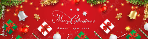 Merry Christmas and Happy New Year.Happy New Year design with realistic festive objects, light hanging, garland, green and white gift boxes, ball bauble.Horizontal banner design.