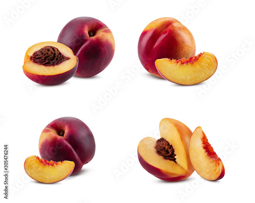 Set of smooth-skinned whole nectarines and parts with kernels and without them isolated on white background with copy space. Close-up.