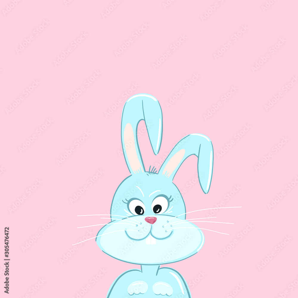 Fototapeta premium Cute easter bunny in blue on a pink background. Holiday concept.