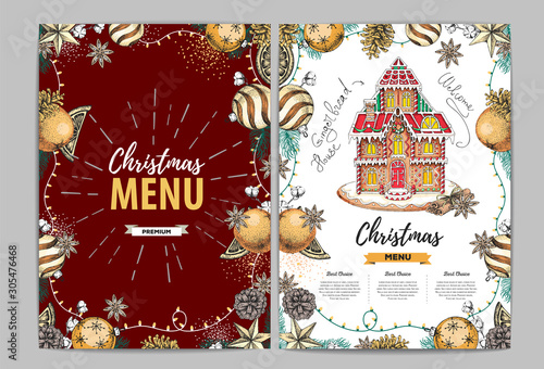 Christmas menu design with sweet gingerbread house and christmas decorations