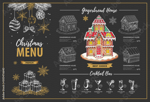 Christmas menu design with sweet gingerbread house and christmas cocktails
