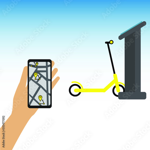 Scooter sharing or rental concept. Online electric scooter rent service. Hand with smartphone looking for e-scooter to rent. Eco-transport concept.