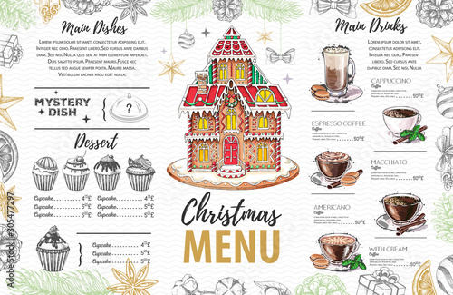 Christmas menu design with sweet gingerbread house, cupcakes and coffe