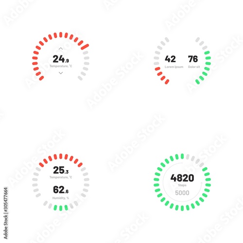 Control knob used for regulating. Dashboard UI and UX Kit. Control center design. Progress bar. Temperature control. Eps 10.