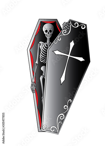Art Skull In Coffin.Hand drawing and make graphic vector.