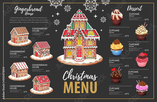 Christmas menu design with sweet gingerbread house and cupcakes