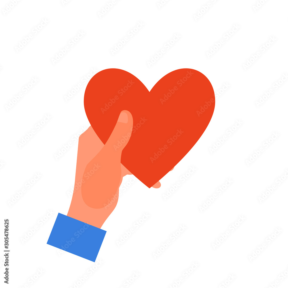 Caucasian human hand holding red heart. Isolated on white background. Flat style stock vector illustration Caucasian human hand holding red heart. Isolated on white background. Flat style stock vector illustration