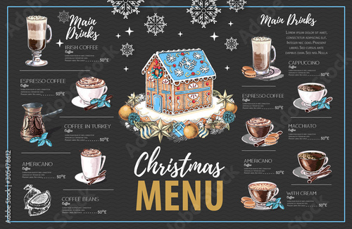 Christmas menu design with sweet gingerbread house and coffee