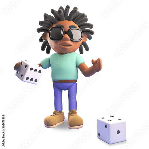 3d cartoon black male with dreadlocks playing with dice, 3d illustration