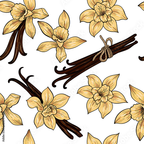 Vanilla flowers. Vector seamless pattern. Vintage style