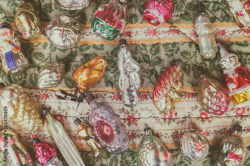 Retro styled image of old Christmas decorations