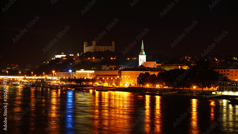 Night over Bratislava. Night Danube in Bratislava overlooking the Bratislava Castle.