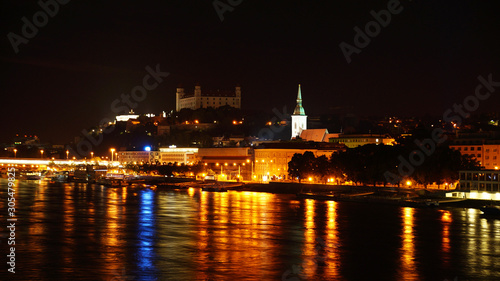 Night over Bratislava. Night Danube in Bratislava overlooking the Bratislava Castle.